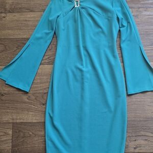Calvin Klein Blue Off the Shoulder Bell Sleeve Sheath Dress